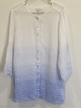 Kenar White to Light Blue Ombre Button-Down Shirt 100% pure linen